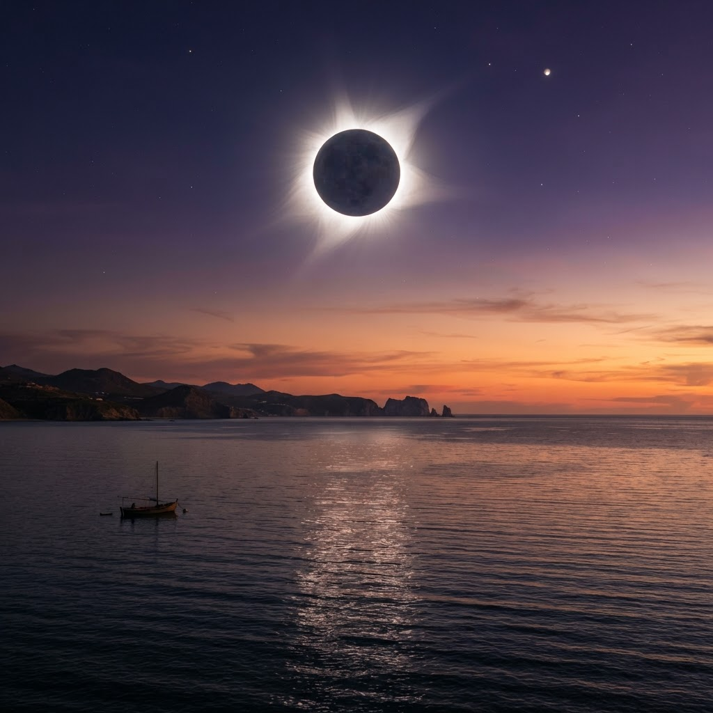 Zonsverduistering boven zee, symboliserend het eclipsseizoen augustus 2026